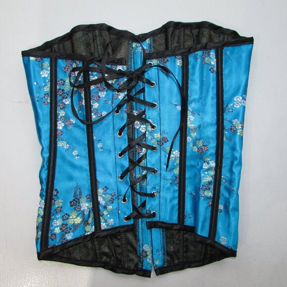 Blue Black Asian Themed Boned Corset Set - NEW - Picture 5 of 8